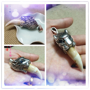 纯手工雕刻银包镶嵌牙齿豹子头吊坠金银铜首饰私人来图样设计订做
