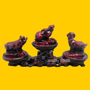 红色树脂生肖猪兔羊三合摆件亥未卯装饰品家居客厅书房工艺品摆设