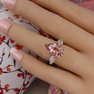 纽约DIY个性化定制4克拉粉红色碧玺梨形钻石结婚女钻戒指美国直邮