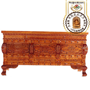 西藏红实木鼓式竹节藏传八宝妙莲图案三抽屉茶几藏式风格复古家具