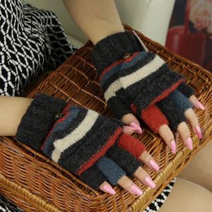 韩版女士休闲时尚针织毛线手套春秋冬款兔羊毛条纹翻盖半指手套新