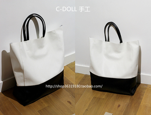 欧美简洁款 手工制作tote shopping bag 拼色购物包(白 黑)