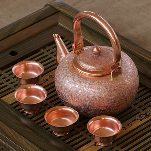 滇都铜器紫铜壶纯铜烧水壶加厚铜茶道茶具手工平底提梁圆肚铜茶壶