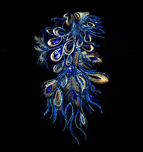 36*63cm黑网纱刺绣蓝色亮片凤凰羽毛凤尾绣花布贴民族表演diy辅料