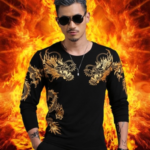 加绒加厚男士修身长袖t恤打底衫黑社会霸气龙纹保暖个性体恤衣服