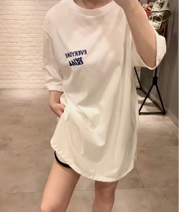 2017夏季新款韩版时尚百搭纯棉字母后丝带装饰V领中长款T恤女