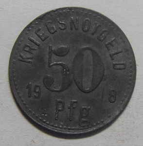 德国 1918年 50盆尼 【 阿波尔达 市 】 紧急状态币  --  锌制
