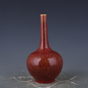 清康熙豇豆红釉长颈瓶 古玩古董古瓷器