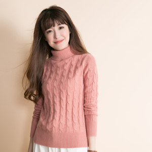 秋冬新款高领麻花山羊绒衫女加厚毛衣 短款扭花羊毛衫套头打底衫