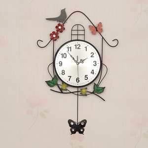 复古家用创意个性时钟表挂钟客厅田园摇摆小鸟时尚装饰静音石英钟