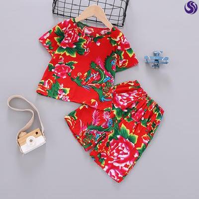 儿童东北大红花衣服夏天网红碎花大花布衣服婴儿男孩女宝村姑套.