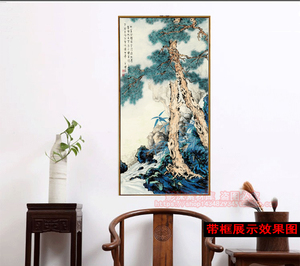 新中式国画不老松竖版装饰画芯素材客厅背景墙画玄关走道挂画喷绘