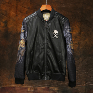 秋冬大码皮衣夹克外套男个性另类艺术骷髅恶魔烫钻修身潮牌型男装