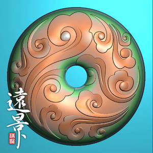 远景精雕/祥云团花平安扣带线 精雕图 雕刻灰度图 jdp浮雕图