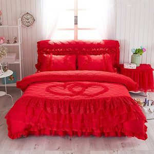 婚庆大红色公主风床裙床罩式四件套夹棉蕾丝纱花边床单被套六件套
