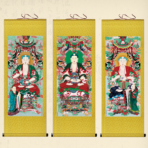 佛法僧画像挂画复古佛像左中右佛水陆装饰画三宝佛菩萨道场卷轴画