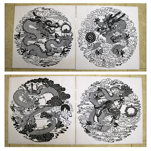 九龙图剪纸图案黑白打印底稿9张高清手工刻纸素材练习图样复印稿