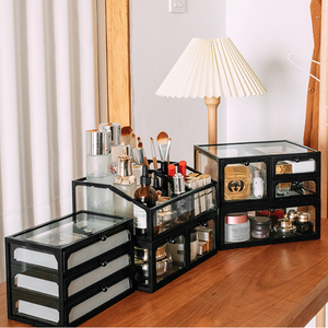 黑色大容量玻璃化妆品收r纳盒桌面带抽屉透明护肤品化妆收纳置物