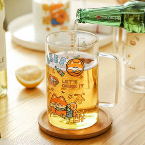 极速悠米兔原创设计柴犬玻璃水杯家用创意可爱带刻度手柄大容量啤