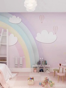 儿童房彩虹背景墙壁纸卧室床头壁布环保粉色云朵壁纸女童房间墙布