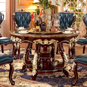 欧式餐桌全实木旋转圆桌新古典红檀色啡网大理石面美式餐桌椅组合