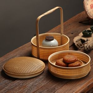 速发竹编双层食盒送餐盒中式仿古茶道具水果点心收纳盒老式手提篮