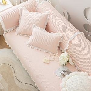 。公主风粉色纯棉沙发垫四季通用防滑坐垫子简约全包万能套罩巾盖