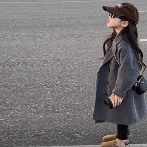 韩国童装男女童西装领大衣2024C冬季洋气中大童长款宽松毛呢外套