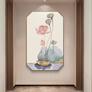 设计师荷塘月色玄关竖版装饰画新中式走廊过道禅意挂画茶室书房荷
