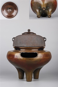 日本霰型风炉 茶釜日本回流老茶具火钵斑紫铜凉炉碳炉火箸建水