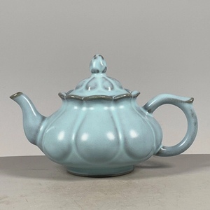 古董瓷器 崇宁元年官窑汝窑精品天青釉瓜棱壶茶壶 全品老货收藏