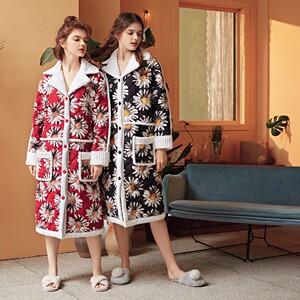 情牵一线家居服棉袍 夹棉袄 梭织布纯棉睡袍单件 保暖加厚睡衣