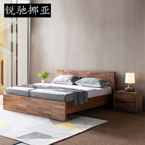北欧锐驰挪亚家具黑胡桃木床现代简约1.8米婚床双人床卧室实木床