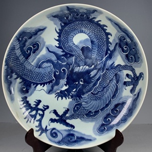 古玩杂项古董瓷器清康熙年青花手绘龙纹赏盘包老保真全品传世收藏