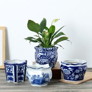 陶瓷花盆古典青花瓷花盆中国风特大号盆景室内多肉花盆三件套拼盘