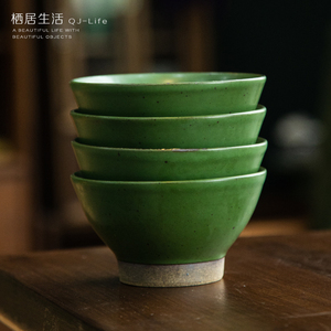 景德镇手工复古斗笠米饭碗粗陶高脚碗绿色陶瓷碗Vintage日式饭碗