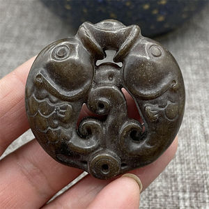 古玩玉器岫玉玉雕双鱼老式吊坠挂件仿古老玉古玉杂项捡漏吊牌收藏