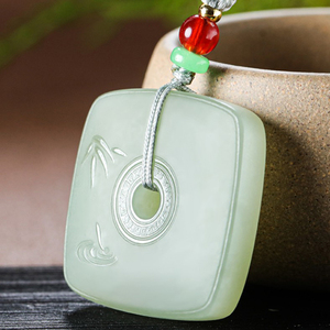 和田玉平安扣吊坠男女款方形玉坠挂件玉佩山水湖水绿青白玉器珠宝