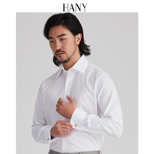 hany汉尼高领免烫法式衬衫男抗皱西装正装高端白意式男士袖扣衬衣