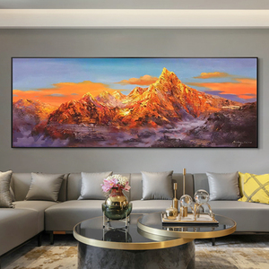 纯手绘油画日照金山客厅装饰画新中式山水抽象现代大厅挂画横幅