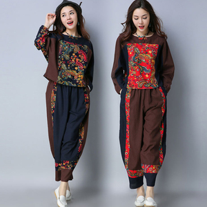 时尚套装女2020秋装新款民族风女装棉麻长袖上衣贴布休闲裤两件套