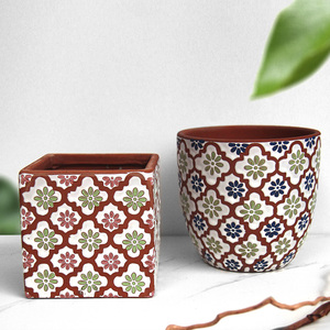 陶瓷花盆ins复古花纹中式怀旧中号盆栽绿植方形深色棕色家居创意