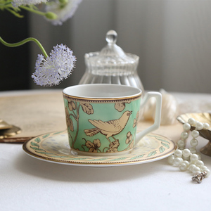 Lovely送勺出口法国金色描边骨瓷精美小鸟下午茶咖啡杯茶杯