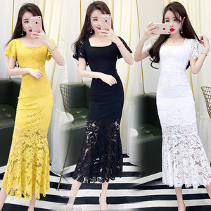 夏季女装2024韩版短袖中长款蕾丝连衣裙显瘦沙滩仙女气质高腰长裙