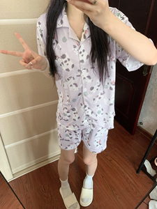 日系甜美紫色卡通猫纯棉短袖睡衣套装女夏季2024新款家居服可外穿