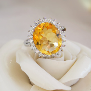 爆闪天然黄水晶戒指女款925银戒大宝石活口装饰戒指食指女
