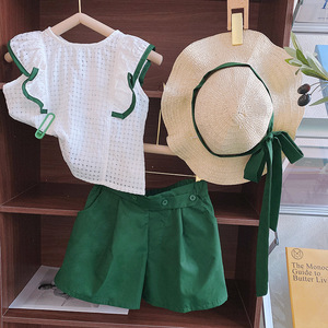 女童休闲韩版套装2024夏装女宝宝绿色荷叶边上衣短裤两件套送帽子