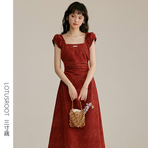 【三寸藕】法式复古显白方领连衣裙女感梨形身材红色泡泡袖礼服裙