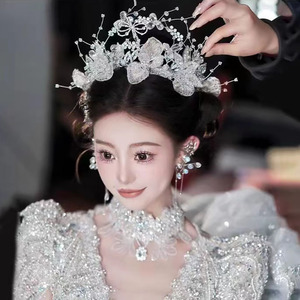 好合新娘重工新款水晶花朵串珠婚礼礼服皇冠头饰气质奢华跟妆配饰