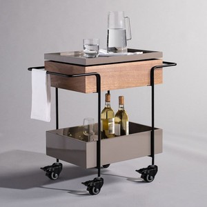 铁艺餐车餐盘收集车实木高档餐厅餐边柜牛排酒水车胡桃木色手推车